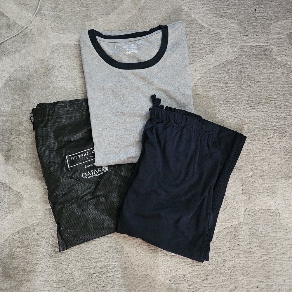 Brand NEW Qatar Airways Gray and Black Pajama Set